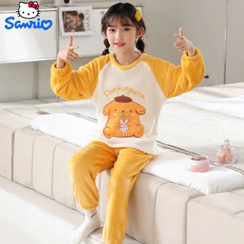 Детский Пижамный комплект Серии Sanrio Kawaii Hello Kitty My Melody Kuromi Pom Pom Purin Зимний Аниме Семейный Пижамный Студенческий комплект