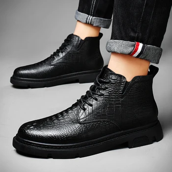 Зимние ботинки Новая Брендовая мужская обувь с высоким берцем, стильная обувь из натуральной кожи крокодила, мужские деловые ботильоны, кожаные зимние ботинки