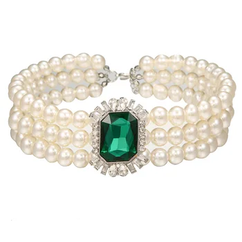 Короткое квадратное многослойное жемчужное ожерелье с инкрустацией стразами, модное темпераментное трехслойное ожерелье из зеленых драгоценных камней для женщин