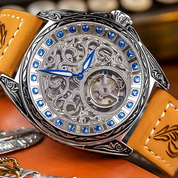 Модные механические часы с большим циферблатом, с полностью автоматическим турбийоном, мужские часы с кристаллами и бриллиантами, антикварные мужские часы-скелет, светящаяся указка