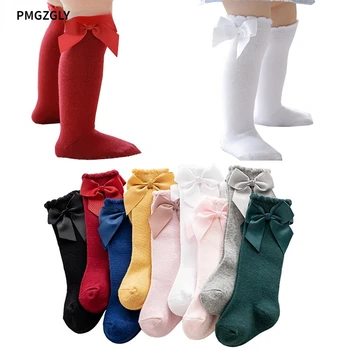 Носки для девочек с бантиком от 0 до 5 лет, длинные носки для новорожденных девочек, детские хлопковые чулки выше колена с бантиком, гетры, сетчатые носки