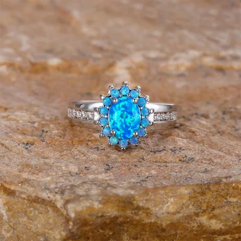 Обручальное кольцо с овальным камнем, синим опалом, обручальным кольцом с белым цирконием, кольца для женщин, ювелирные изделия классического серебряного цвета, подарок на День Святого Валентина