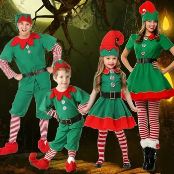 Рождественские женские костюмы эльфов для девочек, платье с длинным рукавом и поясом, шляпа, Обувь, чулки в полоску, косплей для ролевых игр, домашняя вечеринка
