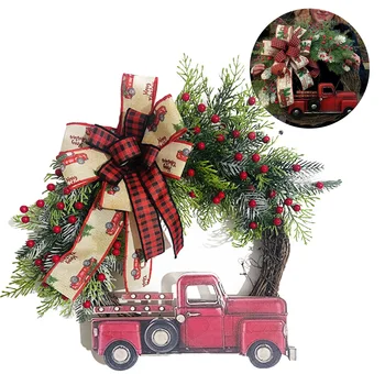 Рождественские настенные подвески с бантом Ягодные ветки сосны Украшения из красного грузовика из пластика 40 см для входной двери настенного окна
