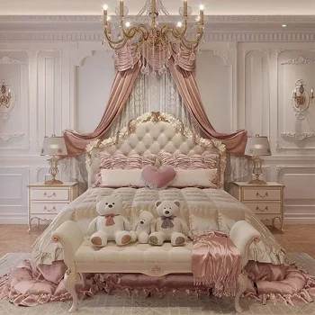 Роскошная Кровать Французская Резная Кровать из массива Дерева Dream Princess Bed Fabric Двуспальная Кровать Для хранения в Главной спальне Мягкая Наклоняющаяся Свадебная кровать