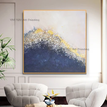 Ручная роспись стен синей абстрактной масляной живописью, художественная роспись золотом, яркая креативная текстура, украшение стен дома