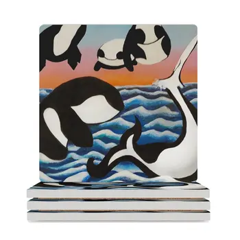 Сказочный пейзаж китов: керамические подставки с арктическими китами (квадратные), кавайные для напитков, эстетичные для настольных подставок