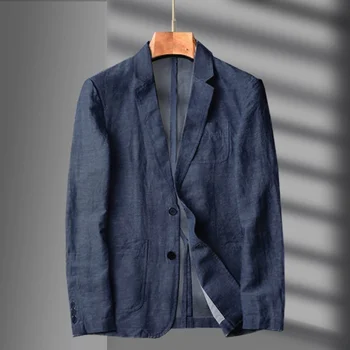 Темно-синий льняной блейзер, мужской летний повседневный костюм, одинарный пиджак черного цвета, новинка 2023 года, весенне-осенний деловой костюм.