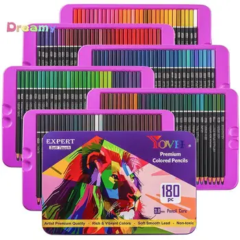 Цветные карандаши YOVER Wood, масляные карандаши в круглых бочках 180 цветов, цветные карандаши премиум-класса в прочной красивой жестяной коробке