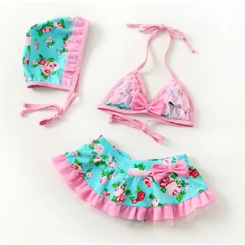 2020 Новое летнее детское бикини с цветочным рисунком, пляжная одежда для девочек, раздельный купальник для девочек, спа-купальник для маленьких девочек с шапочкой