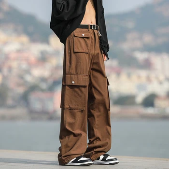 2023 Осенние брюки-карго в корейском стиле с множеством карманов, мужские повседневные свободные широкие брюки для мужчин, размер M-XXL