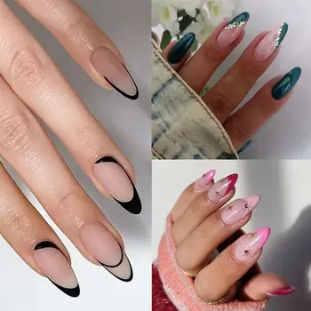 24шт Съемных накладных ногтей DIY Press on Nails Длинные Миндалевидные Черные линии Накладные ногти Французский