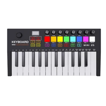 25-клавишный контроллер MIDI-клавиатуры с 8 ударными площадками с подсветкой, 8 ручек Портативная Midi-клавиатура Type-C для создания музыки