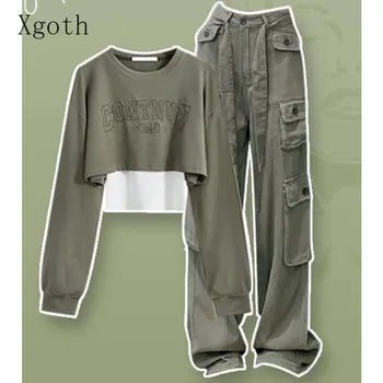 Xgoth/ Женская толстовка-карго в стиле колледжа с буквенным принтом, свободная толстовка, широкие прямые повседневные брюки, Корейская модная женская одежда