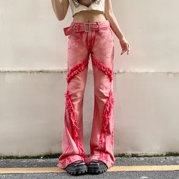 Винтажные выстиранные повседневные брюки с необработанным краем, широкие джинсы, женская уличная одежда Y2k, мешковатые розовые брюки