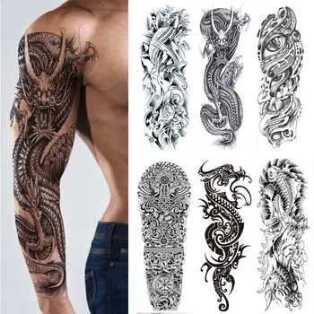 Временные татуировки для мужчин, наклейка с татуировкой на рукаве, дракон, Тигр, Рыба, полный череп, Тотем, Волк, Водонепроницаемая поддельная татуировка для женщин