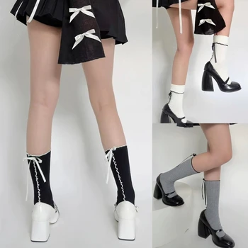 Женские носки Harajuku из рубчатого трикотажа с отложными манжетами, хлопковые носки для телят, Милые носки принцессы с кружевными оборками и бантом