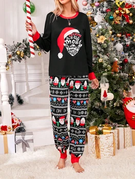 Женский пижамный комплект из 2 предметов, рубашка с длинными рукавами и эластичными брюками с Рождественским принтом, одежда для отдыха, Мягкая одежда для сна