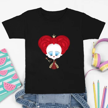 Забавная детская футболка с рисунком из мультфильма Диснея, рубашка для девочек с принтом Красной королевы, уличная одежда, повседневные топы, черные футболки, летняя детская одежда