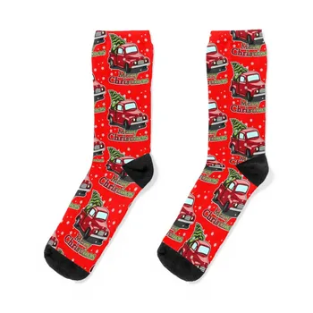 Красный Рождественский грузовик и Рождественская елка, Веселого Рождества, Винтажные носки, роскошные носки, мужские носки дизайнерского бренда, женские