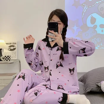 Пижамный комплект Sanrios Anime Kawaii Kuromi в Корейском Стиле Ins С Длинными Рукавами для Домашней одежды студентов Можно Носить Снаружи