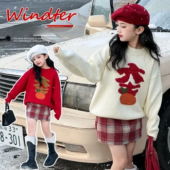 Свитер для девочек Осень и зима 2023 Новый детский Модный рождественский свитер с подкладкой для девочек красного цвета Утолщенный