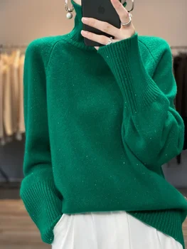 Свободная водолазка с блестками, 100% кашемировый свитер, толстый свитер, женская корейская версия зимнего нового шерстяного свитера с низом