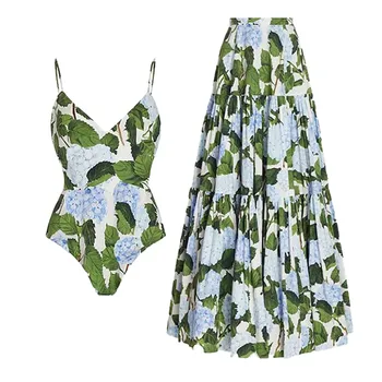 Сексуальный женский купальник с V образным вырезом, цельный комплект и пляжная юбка-Танкини с цветочным принтом, новый купальник 2024 года, купальный костюм-Монокини