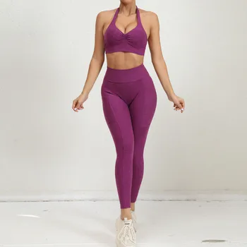 Сексуальный комплект леггинсов для спортзала с резинкой на спине, поднимающий ягодицы женщины, спортивная одежда из 2 предметов, набор для йоги с карманом, женский спортивный костюм для фитнеса