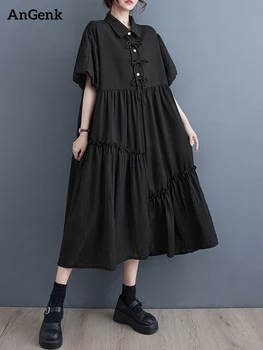 Черные винтажные платья-рубашки в стиле пэчворк Для женщин, Новое Свободное длинное платье с коротким рукавом и бантом, Модная элегантная одежда Лето 2023